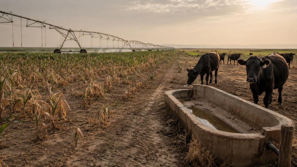 Dry landscape with livestock and irrigation system