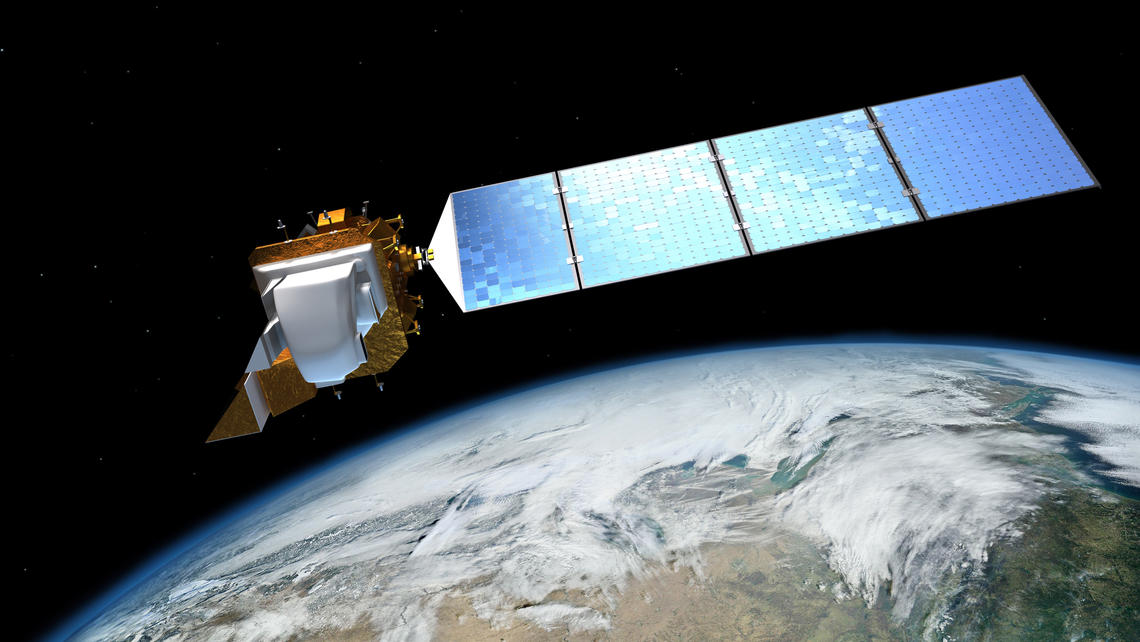 Landsat 8 satellite over Earth. Satellite imagery is the first layer of Deep Seated Water analysis.
