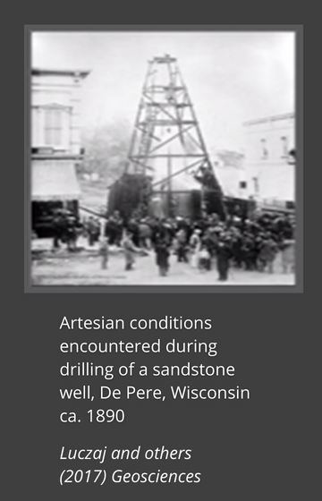 Artesian conditions encountered during drilling of a sandstone well, De Pere, Wisconsin ca. 1890