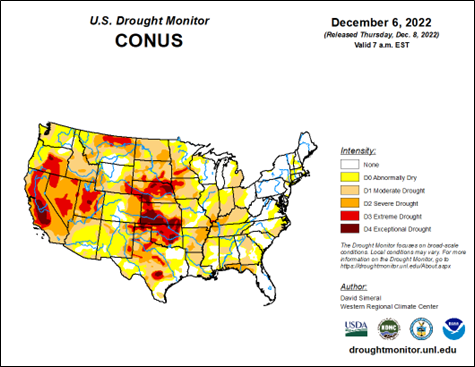 US Drought Monitor map Dec 6 2022. Helps predict 2023.