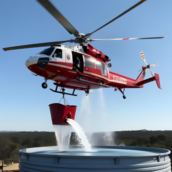 Artistic rendering of a firefighting helicopter refilling its bucket from a "Natural Fire Hydrant", a 20,000-gallon water storage tank, combined with advanced Deep Seated Water technology, designed to support rapid wildfire suppression efforts.