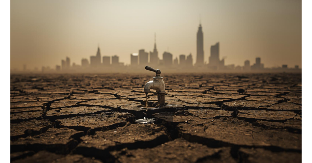 The Johannesburg Water Crisis. Dry earth with single faucet.