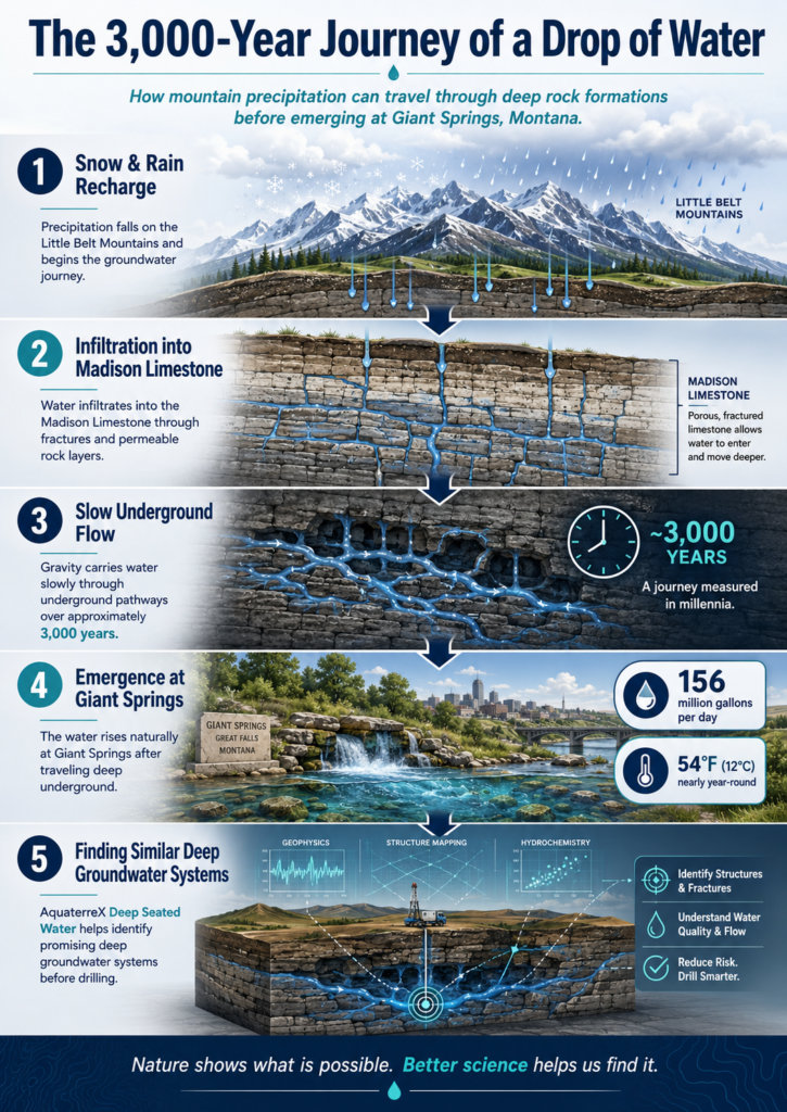 Diagram showing the 3,000-year journey of Giant Springs groundwater through Madison Limestone